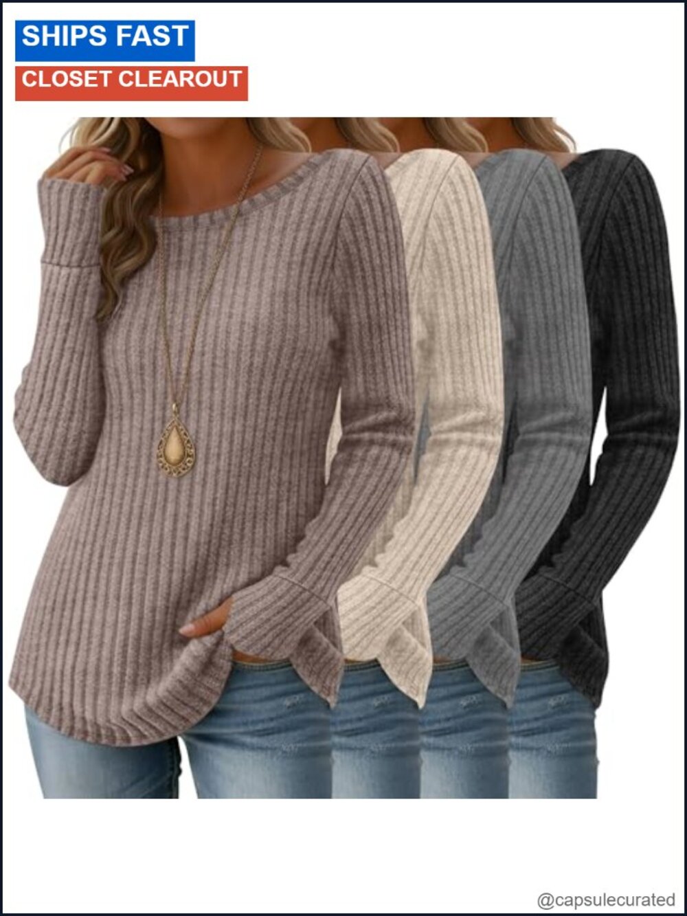 Ribbed Boat Neck Long Sleeve Sweatshirt 4 Pack Thumb Hole Womens